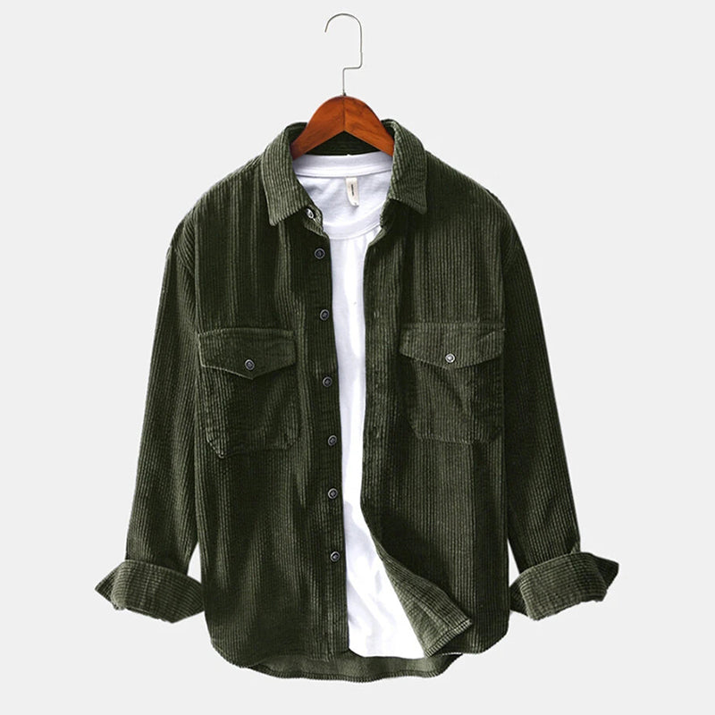 Mens Corduroy Turn Down Collar Long Sleeve Shirts