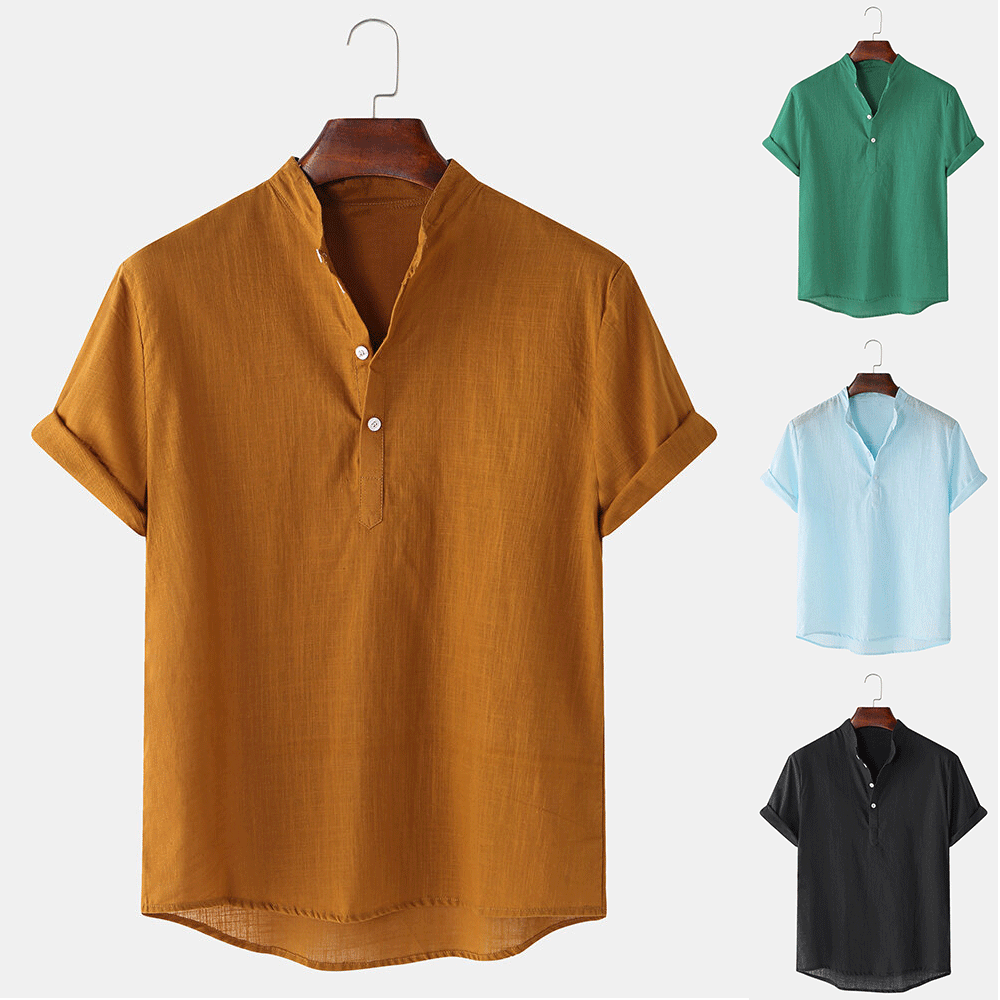 Mens Breathable Stand Collar Short Sleeve Solid Shirts