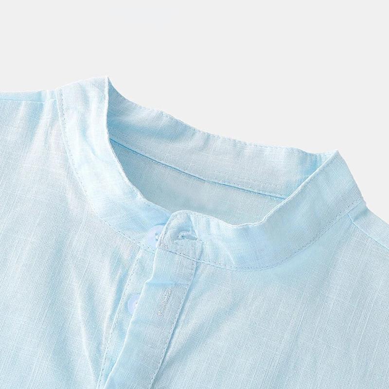 Mens Breathable Stand Collar Short Sleeve Solid Shirts