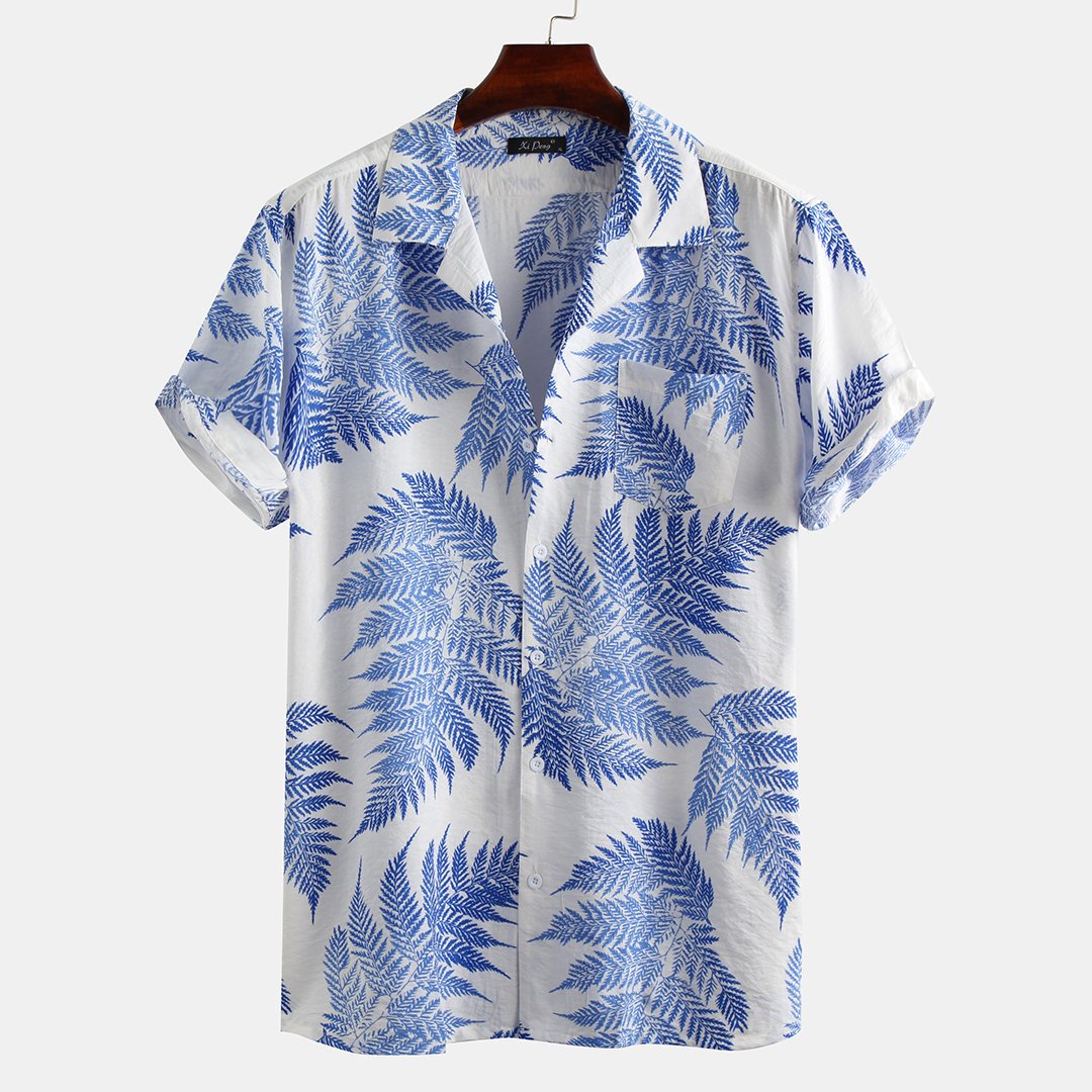 Mens Leaf Printed Turn Down Collar Short Sleeve Shirts