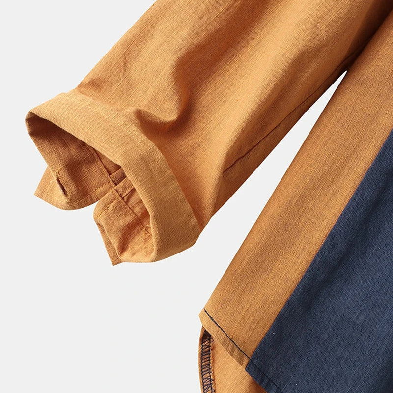 Mens Cotton Patchwork Casual Lapel Collar Shirts