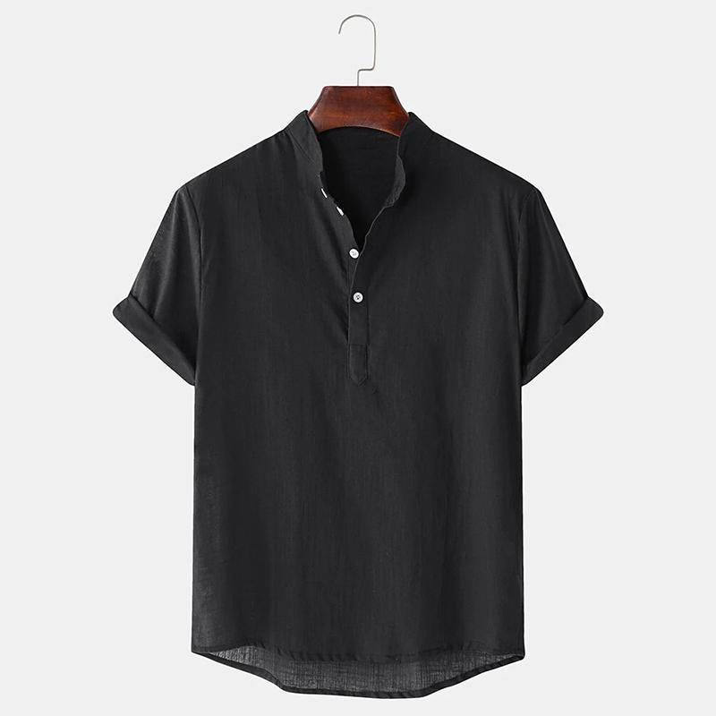 Mens Breathable Stand Collar Short Sleeve Solid Shirts