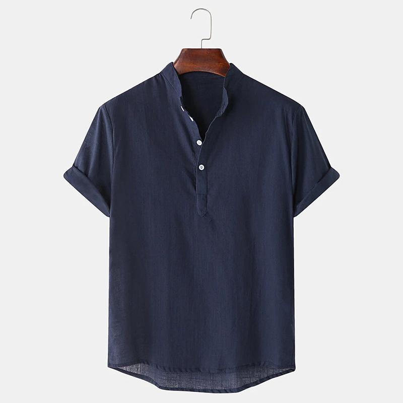 Mens Breathable Stand Collar Short Sleeve Solid Shirts