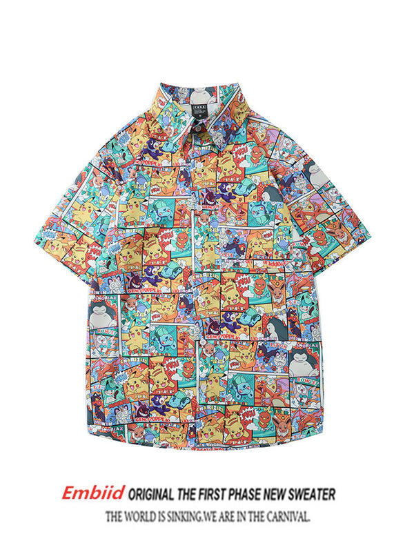 Mens Retro Style Cartoon Printed Short Sleeve Shirts