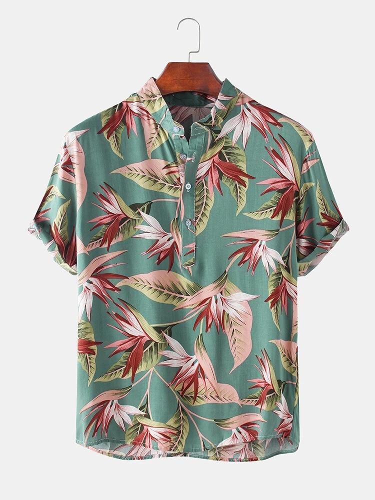 Mens Oil Print Leaf Classical Short Sleeve Shirts