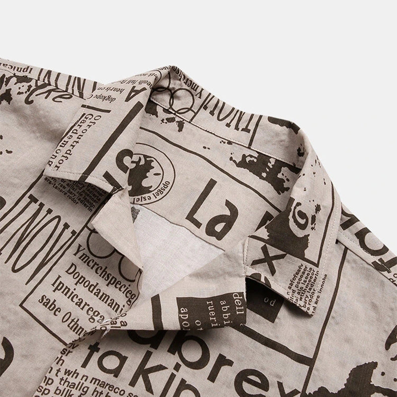 Mens Newspaper Print Holiday Short Sleeve Shirt