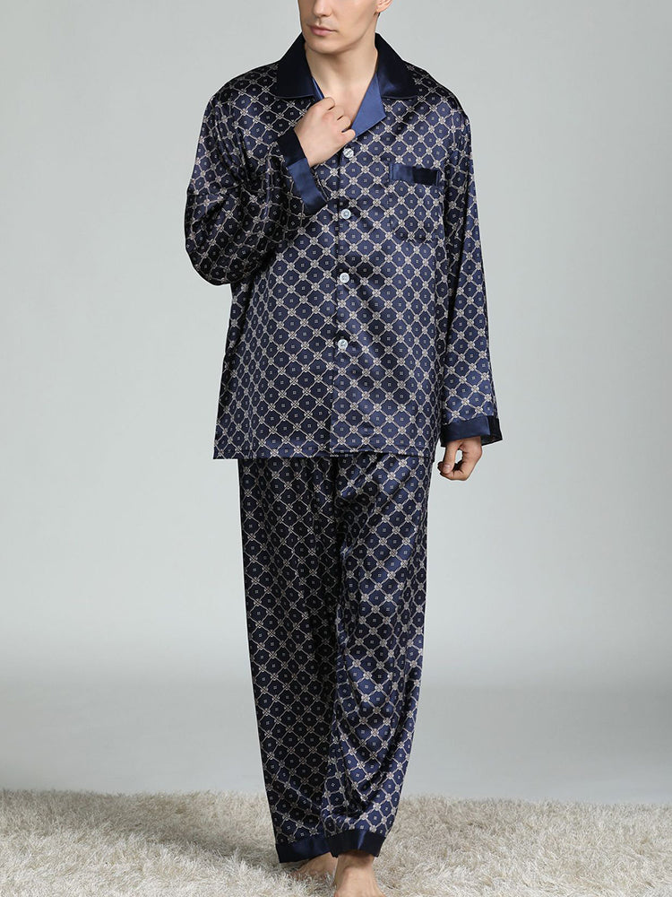 Men's Print Sleepwear Silk Satin Pajamas Set