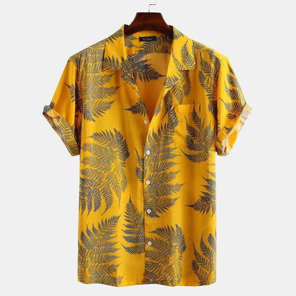 Mens Leaf Printed Turn Down Collar Short Sleeve Shirts