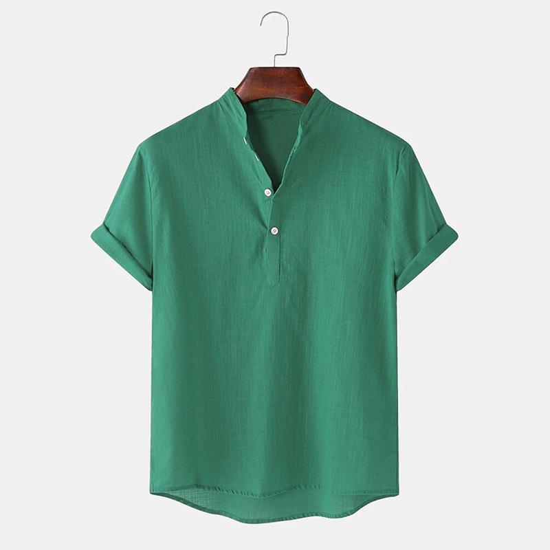 Mens Breathable Stand Collar Short Sleeve Solid Shirts