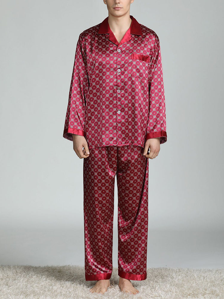 Men's Print Sleepwear Silk Satin Pajamas Set