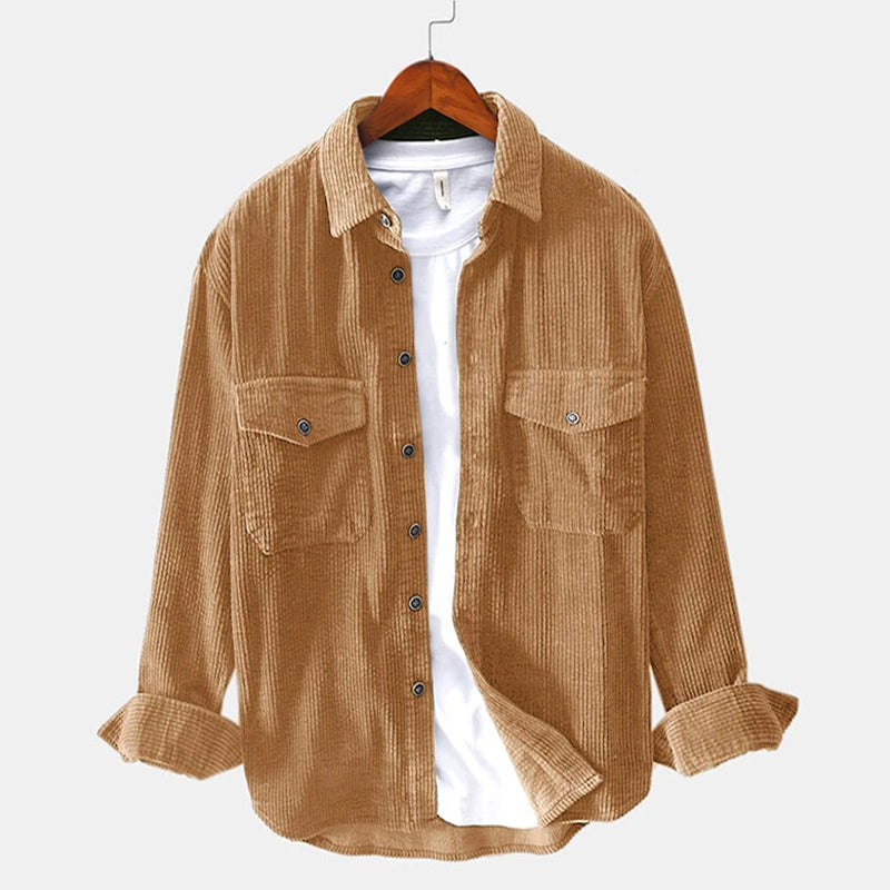 Mens Corduroy Turn Down Collar Long Sleeve Shirts