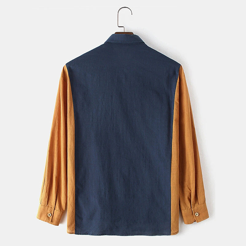 Mens Cotton Patchwork Casual Lapel Collar Shirts