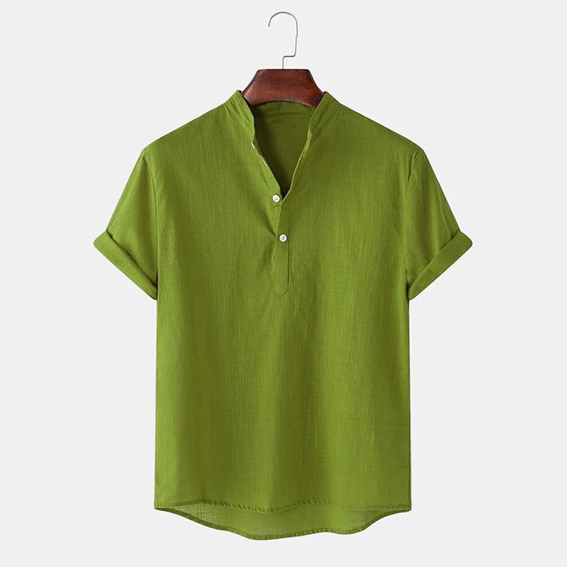 Mens Breathable Stand Collar Short Sleeve Solid Shirts