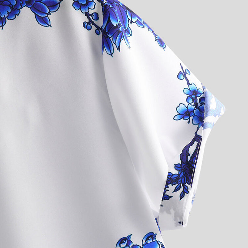 Mens Porcelain Floral Printed Short Sleeve Shirt