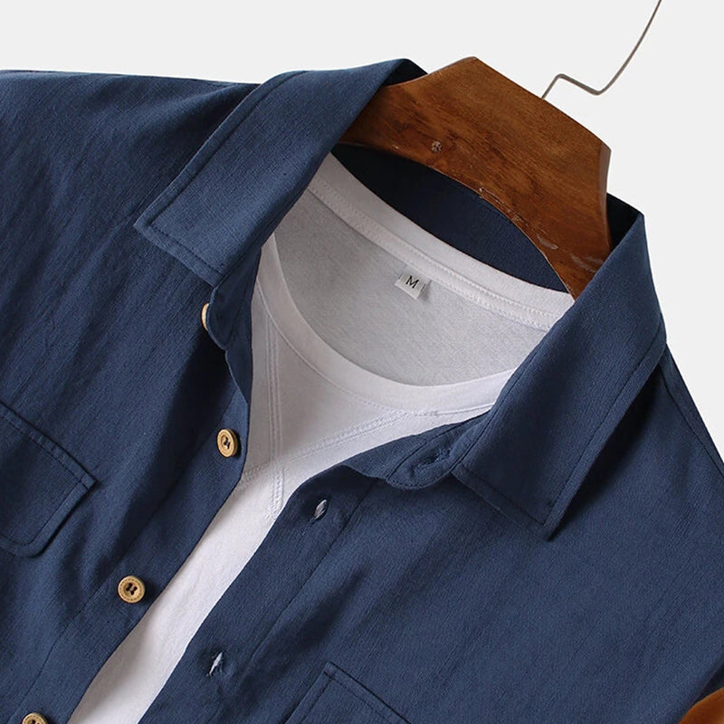 Mens Cotton Patchwork Casual Lapel Collar Shirts