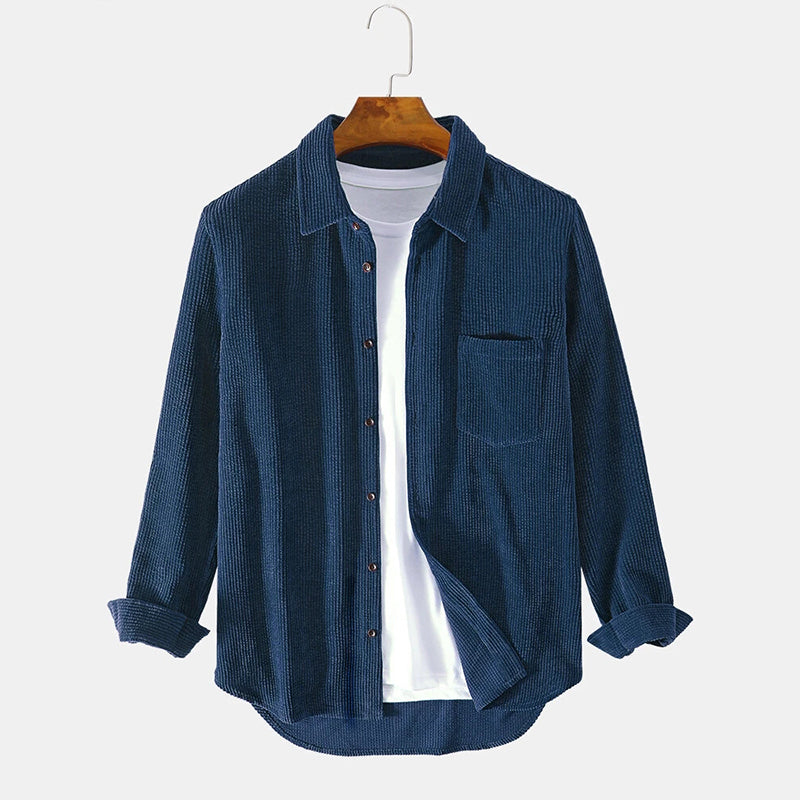 Mens Plain Style Corduroy Casual Long Sleeve Shirts