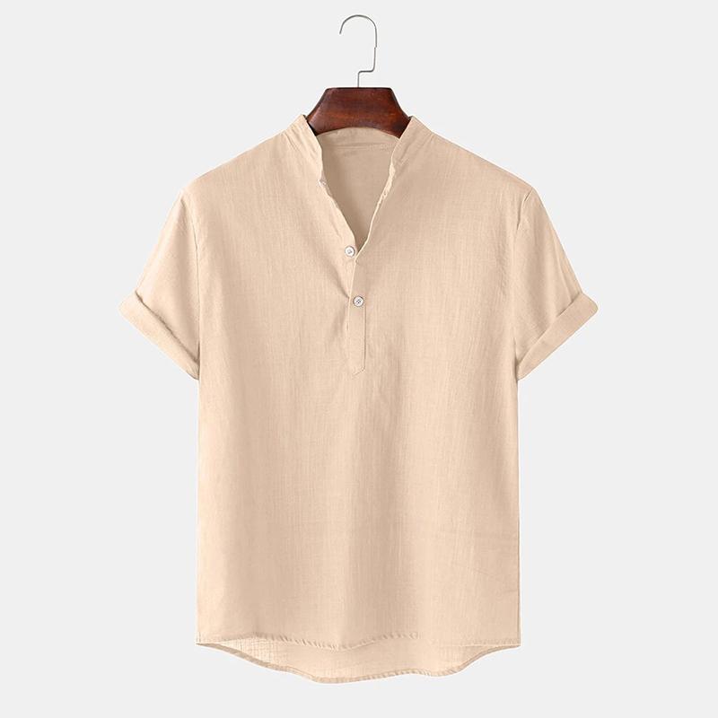 Mens Breathable Stand Collar Short Sleeve Solid Shirts