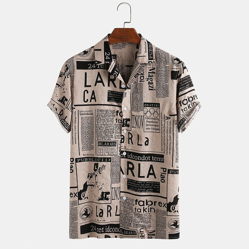 Mens Newspaper Print Holiday Short Sleeve Shirt