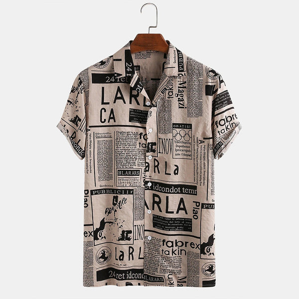 Mens Newspaper Print Holiday Short Sleeve Shirt