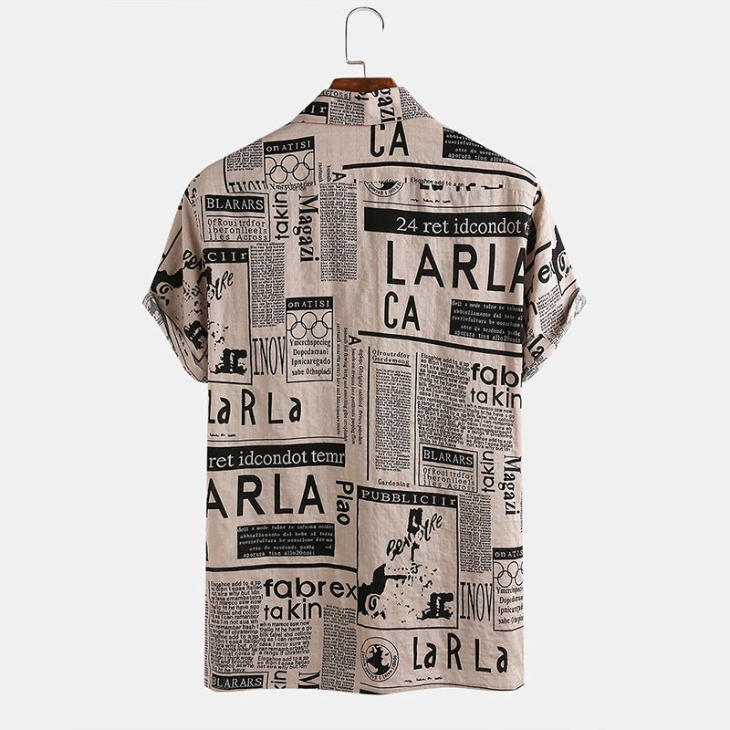 Mens Newspaper Print Holiday Short Sleeve Shirt