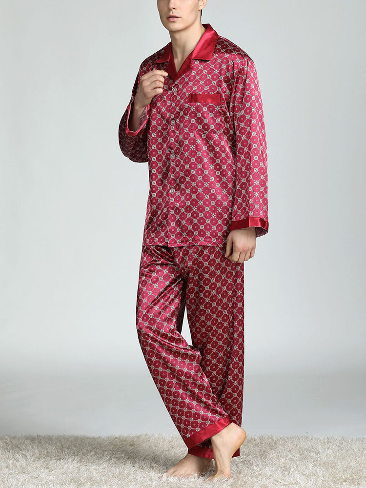 Men's Print Sleepwear Silk Satin Pajamas Set