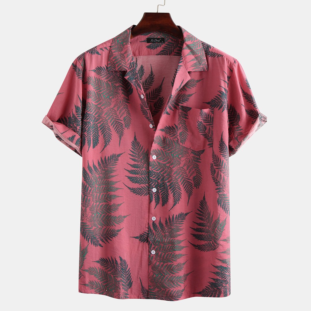 Mens Leaf Printed Turn Down Collar Short Sleeve Shirts