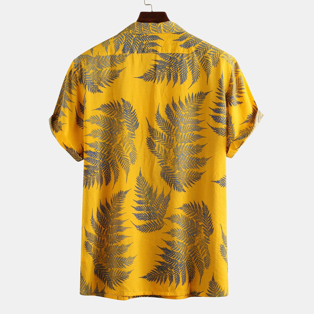 Mens Leaf Printed Turn Down Collar Short Sleeve Shirts