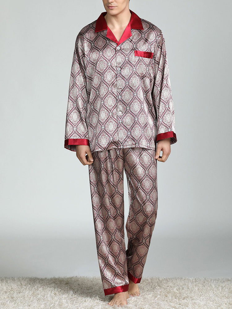 Men's Print Sleepwear Silk Satin Pajamas Set