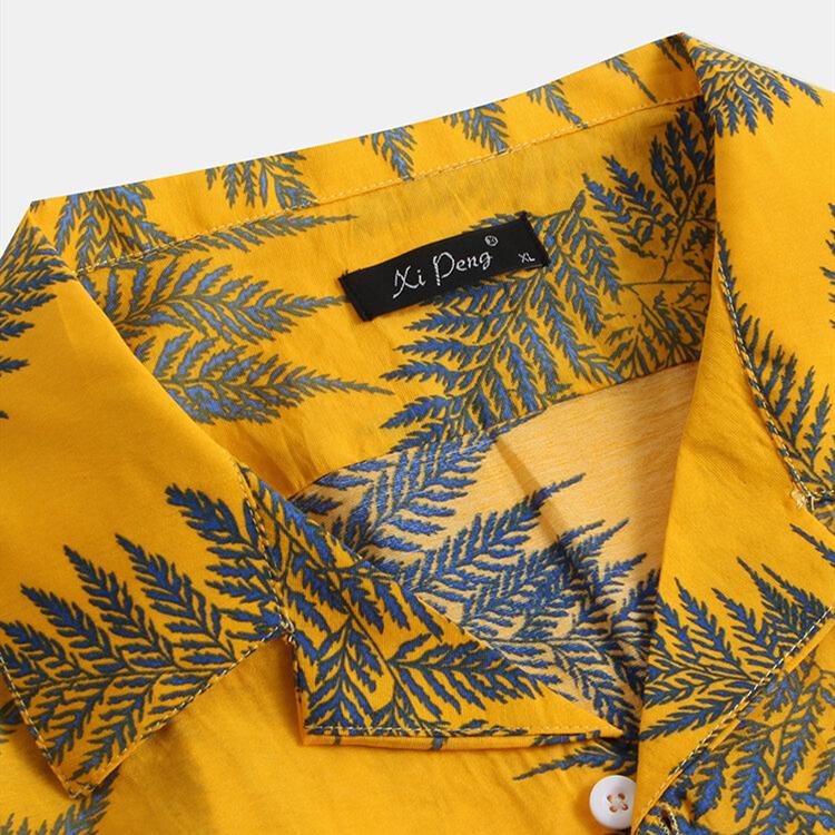 Mens Leaf Printed Turn Down Collar Short Sleeve Shirts