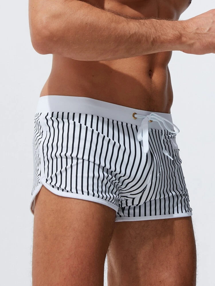 Mens Striped Quick Dry Lining Swim Trunks