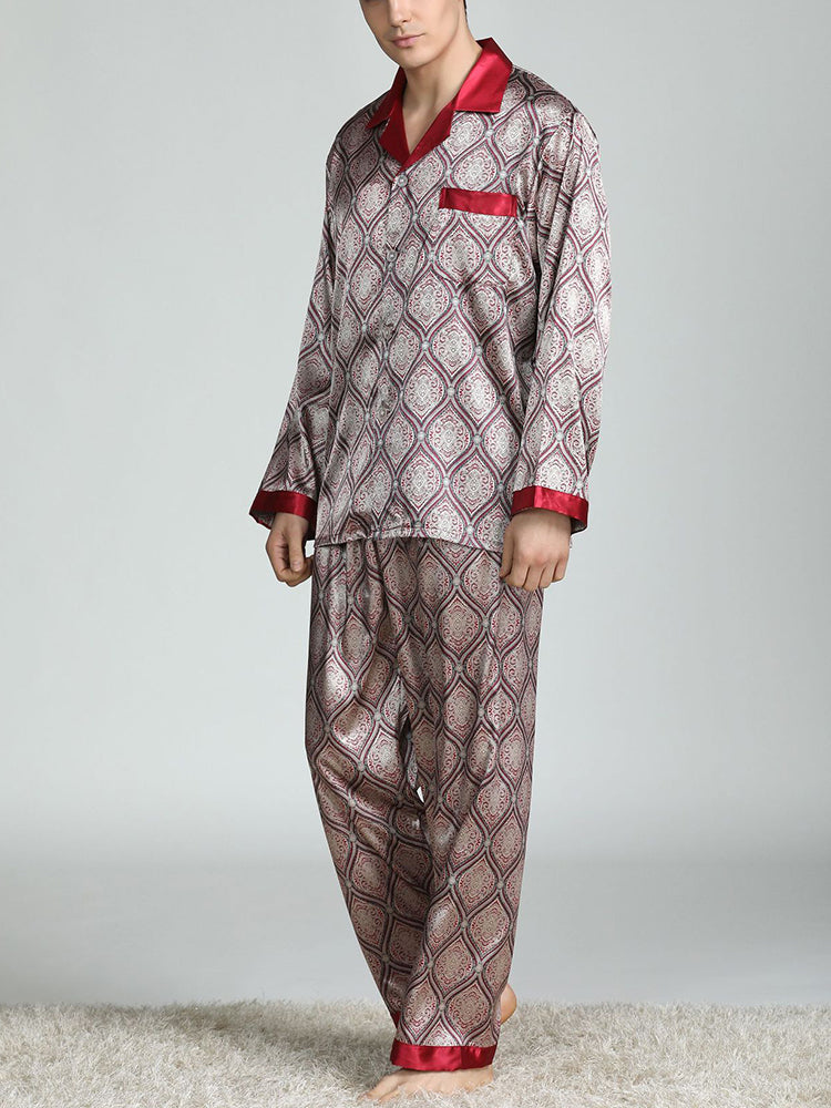 Men's Print Sleepwear Silk Satin Pajamas Set